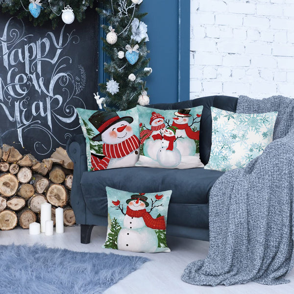 Winter Snowman Throw Pillow Covers 18 x 18 Inch Pine Tree Snowflake