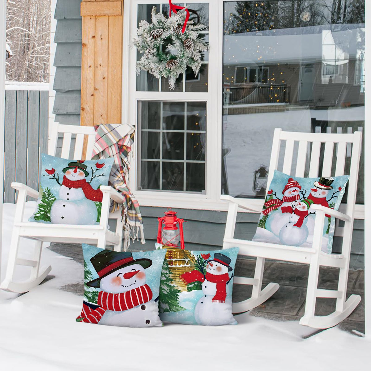 Winter Snowman Throw Pillow Covers 18 x 18 Inch Pine Tree Snowflake