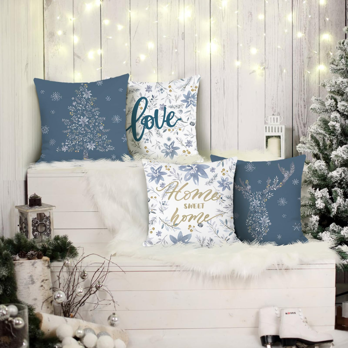 Winter Throw Pillow Covers 18 x 18 Inch Home Sweet Home Snowflake Xmas Tree Deer Blue Grey