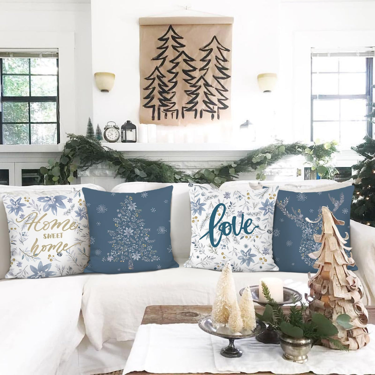 Winter Throw Pillow Covers 18 x 18 Inch Home Sweet Home Snowflake Xmas Tree Deer Blue Grey