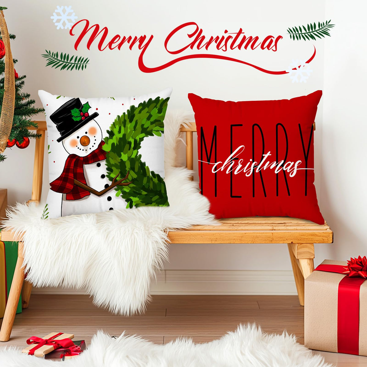 Brightown Red Christmas Pillow Covers 18x18 Set of 4, Super Soft Polyester Fabric