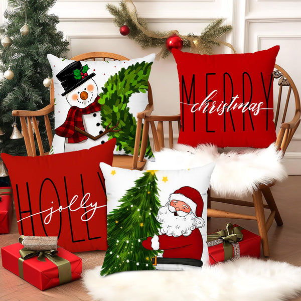 Brightown Red Christmas Pillow Covers 18x18 Set of 4 Christmas Decorations Winter Holiday Decor Throw Cushion Case for Home Couch