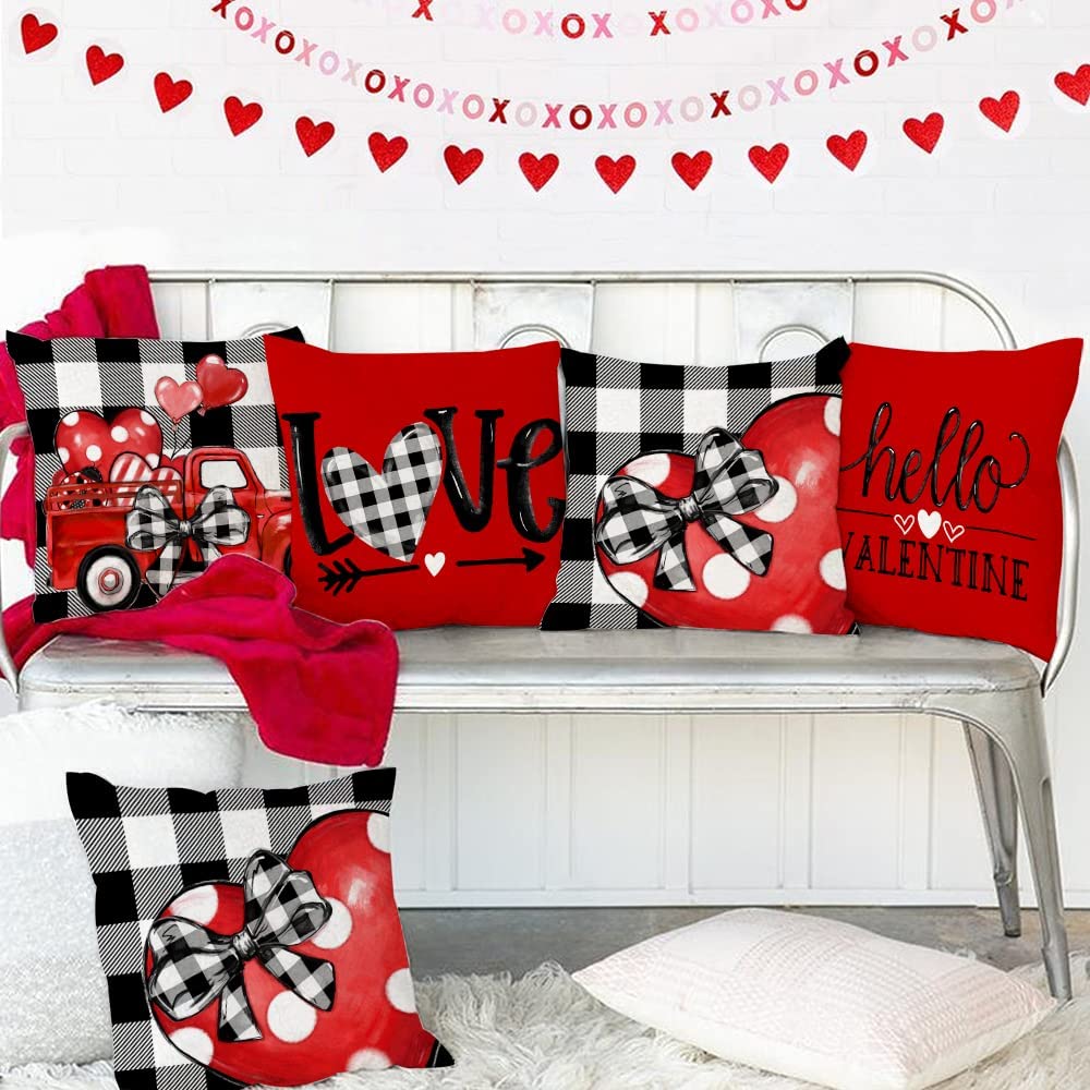 Buffalo Plaid Pillow Covers 18x18 Set of 4 Polka Dot Red Heart with Bow Love Truck Valentine