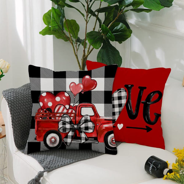 Buffalo Plaid Pillow Covers 18x18 Set of 4 Polka Dot Red Heart with Bow Love Truck Valentine