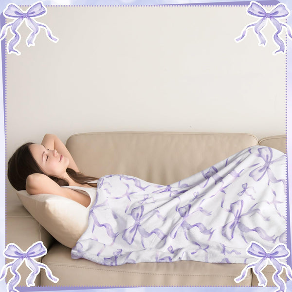 Purple Bow Throw Blanket Preppy Blanket Coquette 50" x 60" Flannel Soft Cute Bow Decor Lightweight Aesthetic