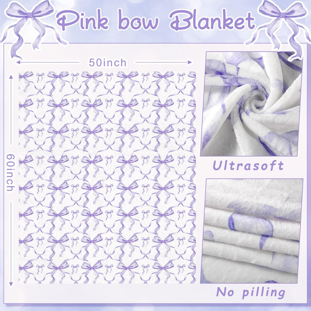 Purple Bow Throw Blanket Preppy Blanket Coquette 50" x 60" Flannel Soft Cute Bow Decor Lightweight Aesthetic