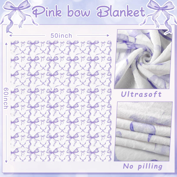 Purple Bow Throw Blanket Preppy Blanket Coquette 50" x 60" Flannel Soft Cute Bow Decor Lightweight Aesthetic
