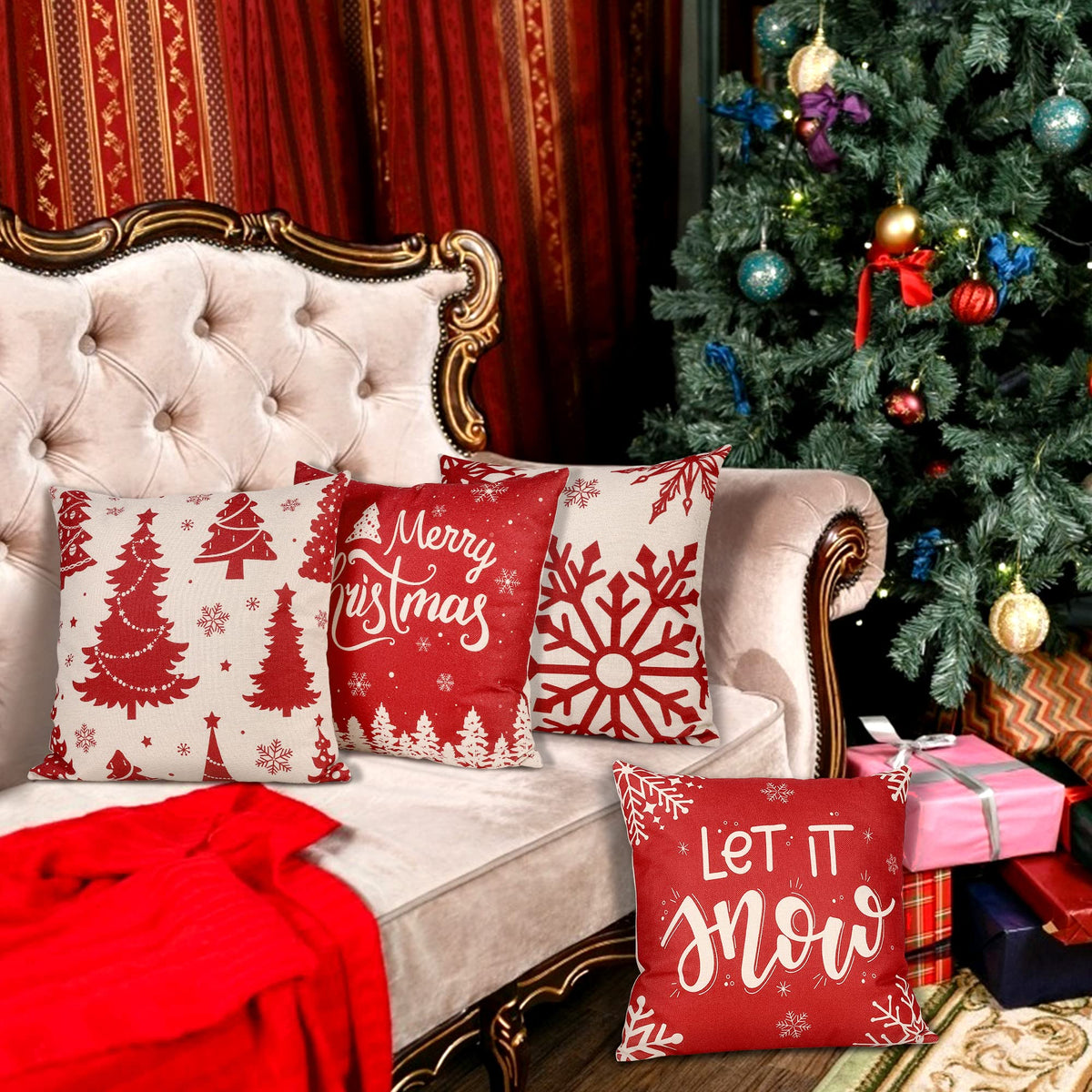 Christmas Pillow Covers 18x18 Set of 4 Red Plaid Throw Pillowcase Christmas Decorations Deer Snowflake