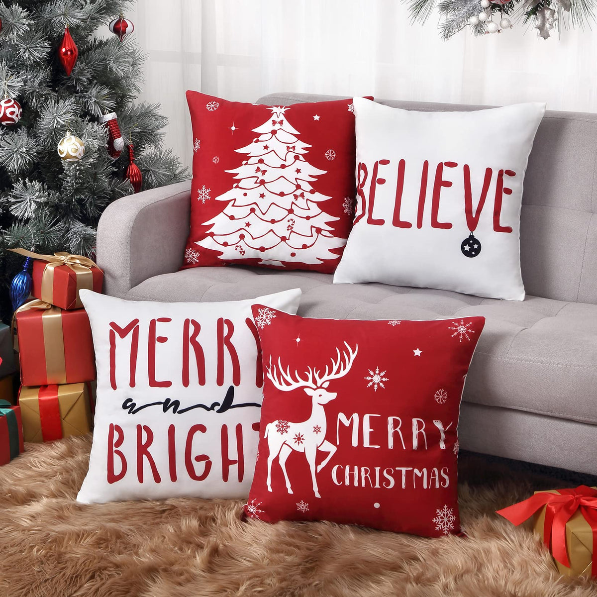 18 x18 Set of 4 Farmhouse Decorative Throw Cushion Covers Deer Christmas Tree Snowflake