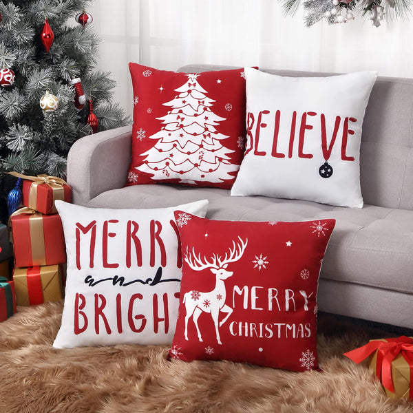 18 x18 Set of 4 Farmhouse Decorative Throw Cushion Covers Deer Christmas Tree Snowflake