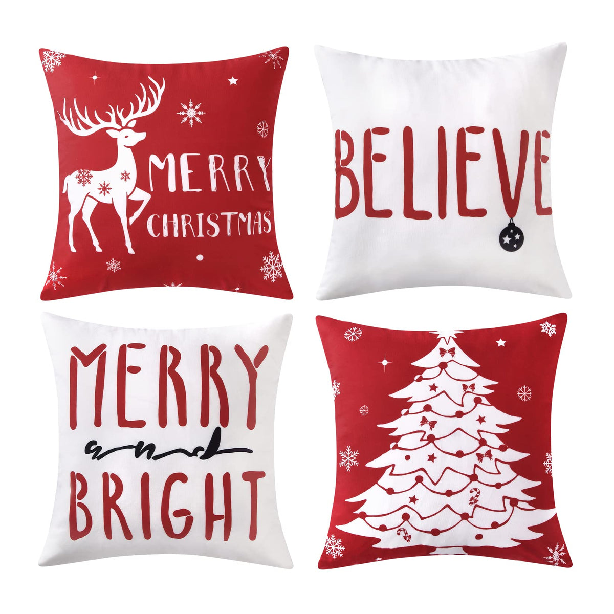 18 x18 Set of 4 Farmhouse Decorative Throw Cushion Covers Deer Christmas Tree Snowflake