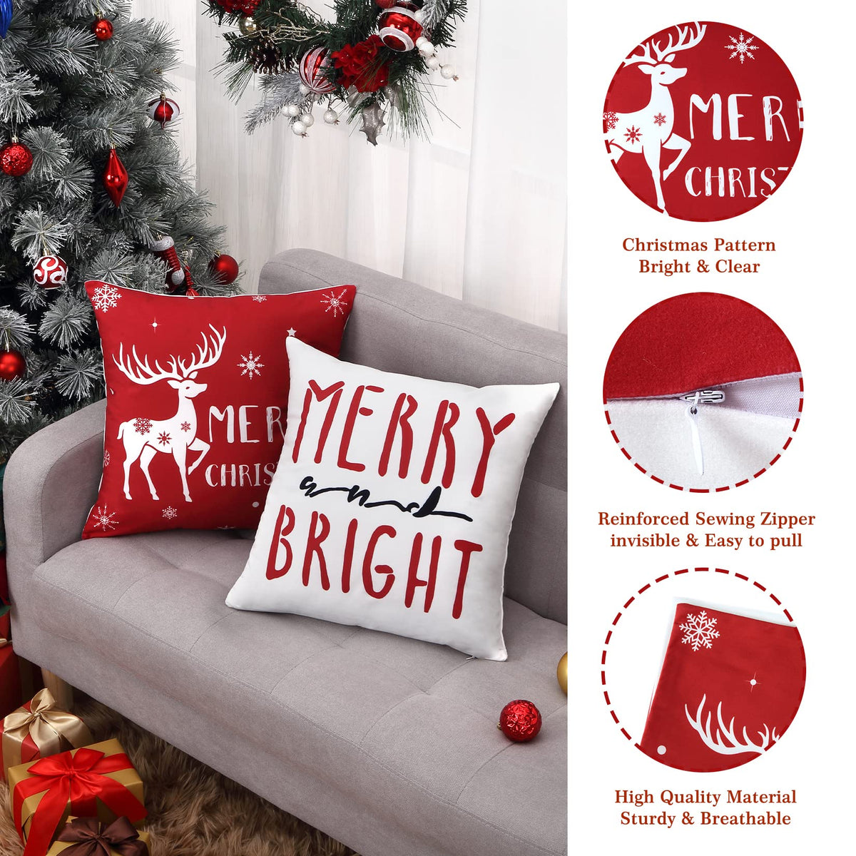 18 x18 Set of 4 Farmhouse Decorative Throw Cushion Covers Deer Christmas Tree Snowflake