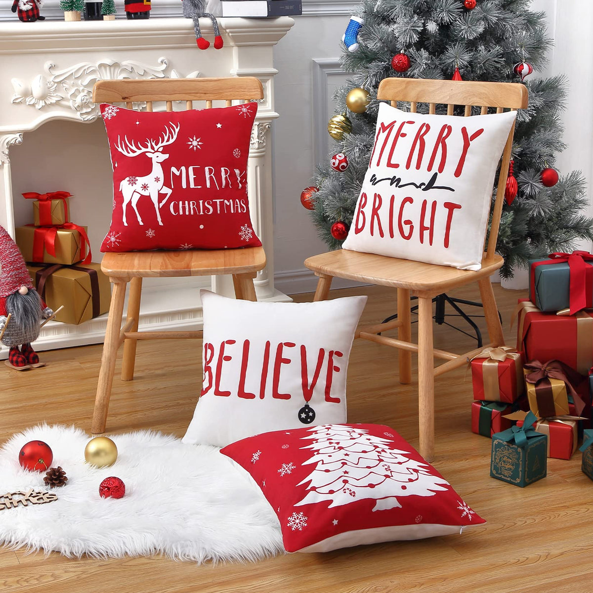 18 x18 Set of 4 Farmhouse Decorative Throw Cushion Covers Deer Christmas Tree Snowflake