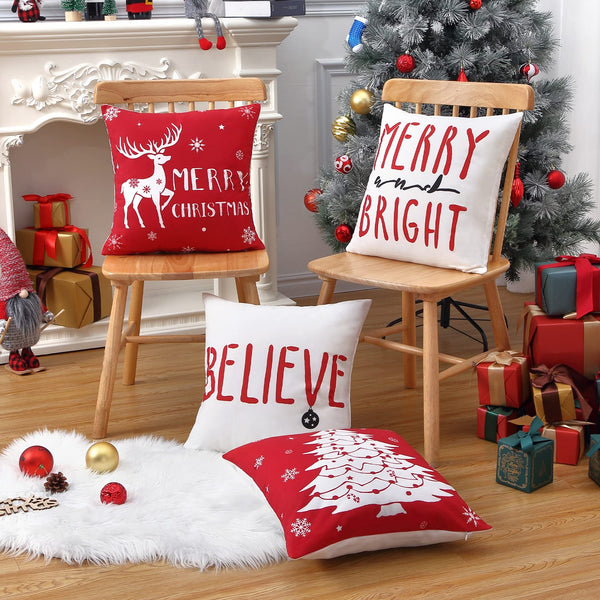 18 x18 Set of 4 Farmhouse Decorative Throw Cushion Covers Deer Christmas Tree Snowflake