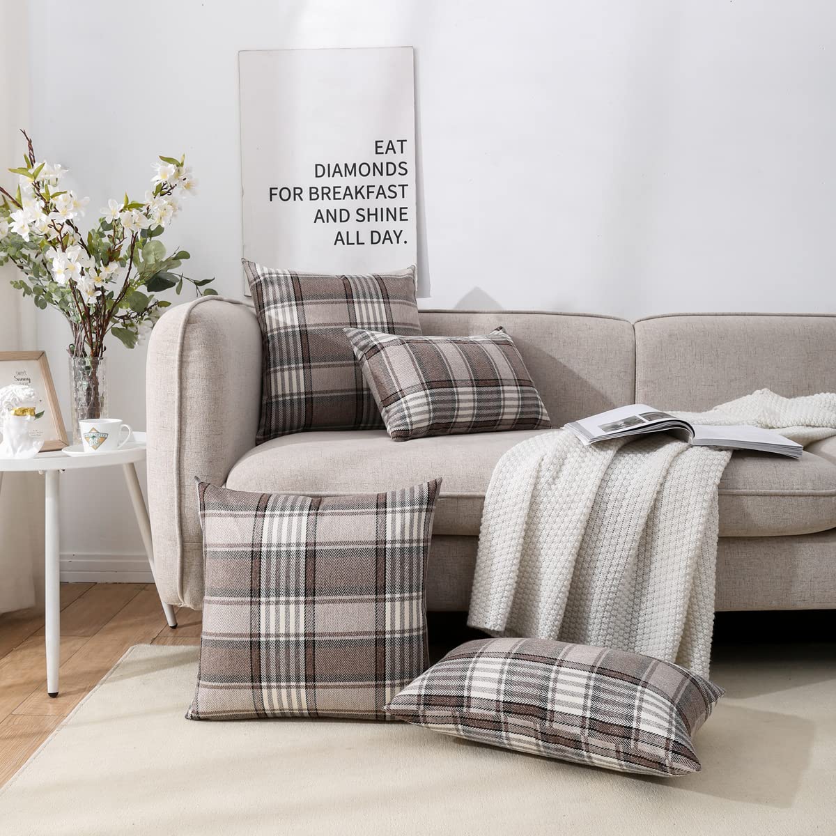 Brown Tartan Plaid Lumbar Pillow Cover 12x20 Set of 2 Farmhouse Buffalo Plaid Brown Striped