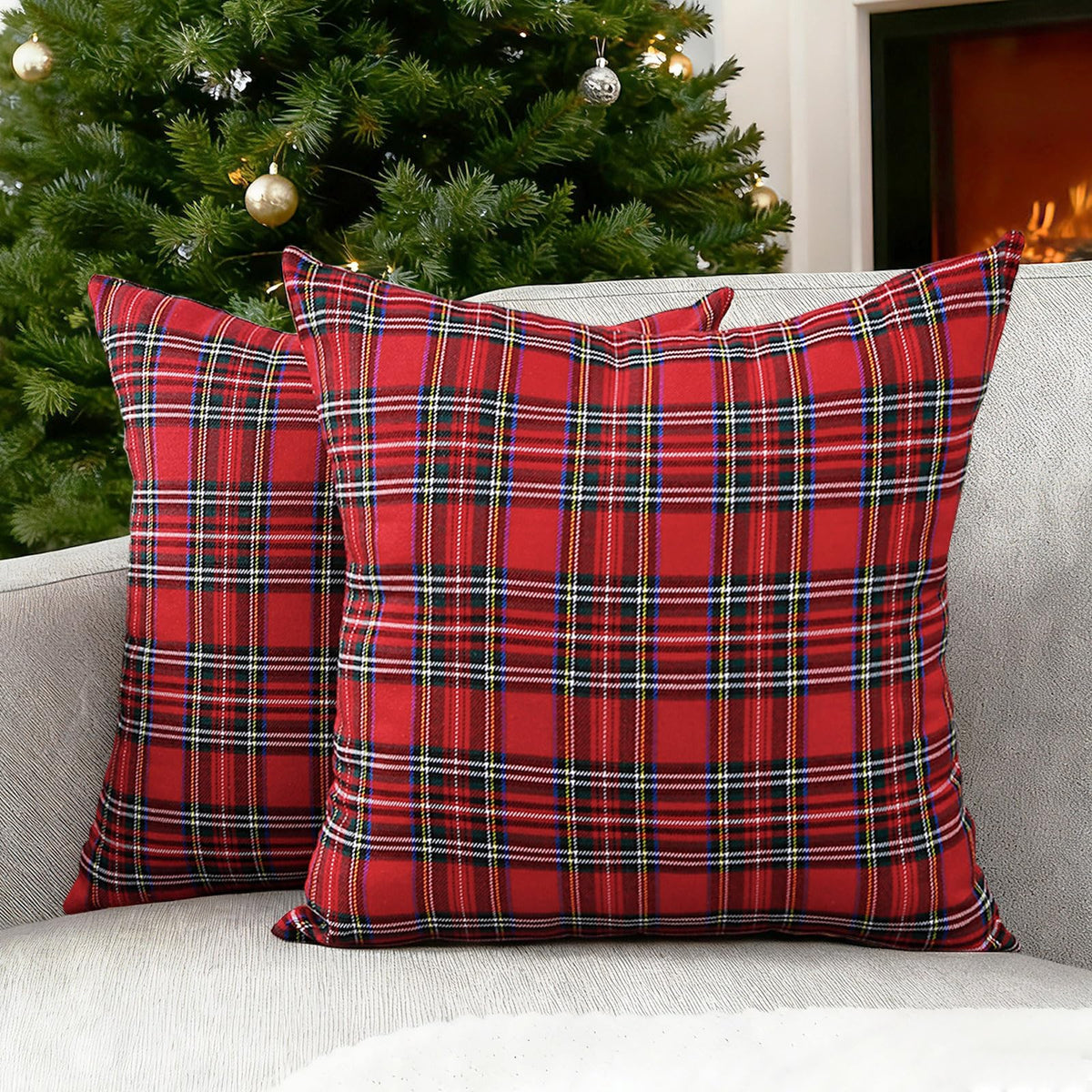 Velvet Red Tartan Plaid Throw Pillow Covers 18x18 Set of 2 Red Christmas Plaid