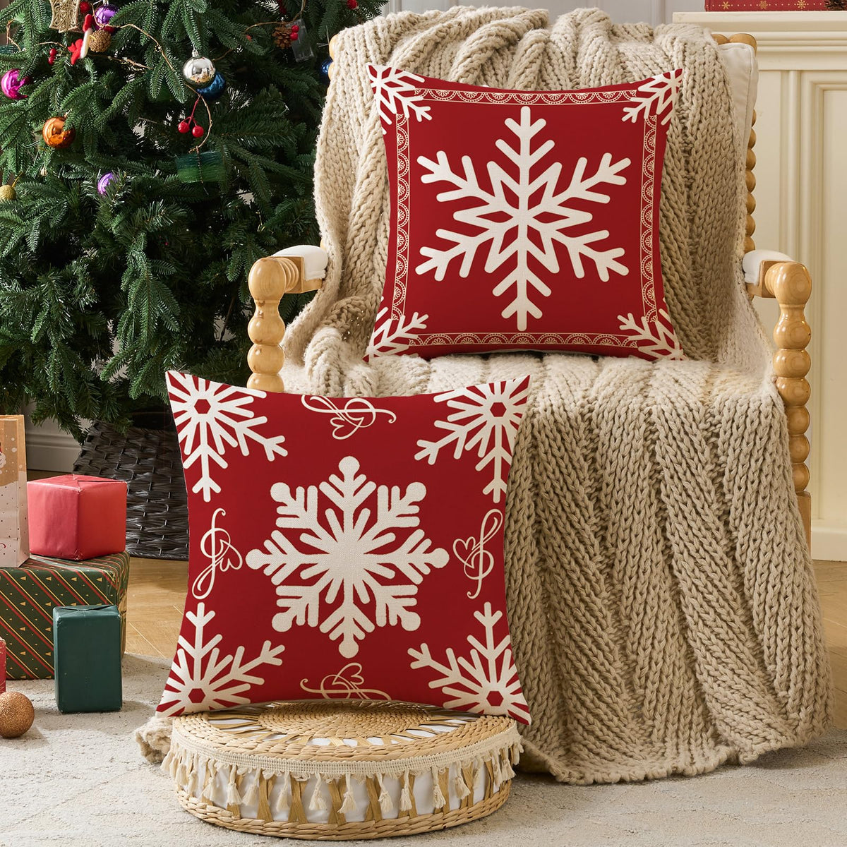 Red Christmas Snowflake Pillow Covers 18x18 Set of 2, Holiday Red and White 18 x 18 Christmas Decor Throw Pillow Covers