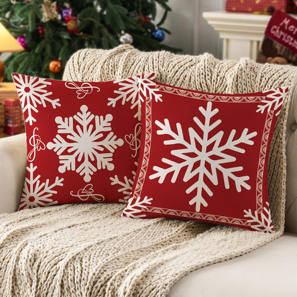 Red Christmas Snowflake Pillow Covers 18x18 Set of 2, Holiday Red and White 18 x 18 Christmas Decor Throw Pillow Covers