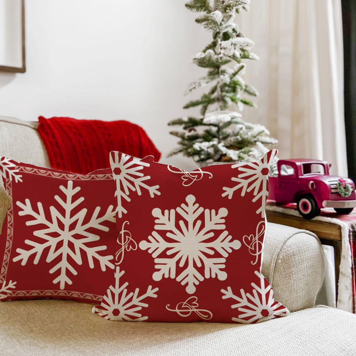 Red Christmas Snowflake Pillow Covers 18x18 Set of 2, Holiday Red and White 18 x 18 Christmas Decor Throw Pillow Covers