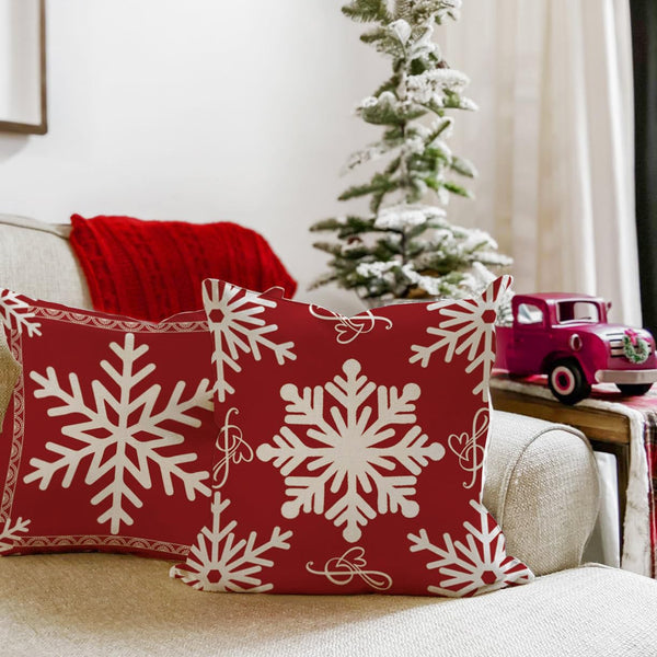 Red Christmas Snowflake Pillow Covers 18x18 Set of 2, Holiday Red and White 18 x 18 Christmas Decor Throw Pillow Covers