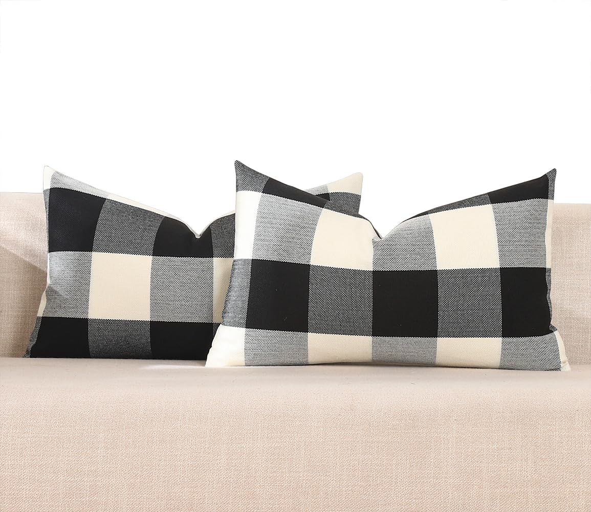 Black and White Lumbar Plaid Pillow Covers 12x20 Set of 2 Black Buffalo Check Pillow Covers