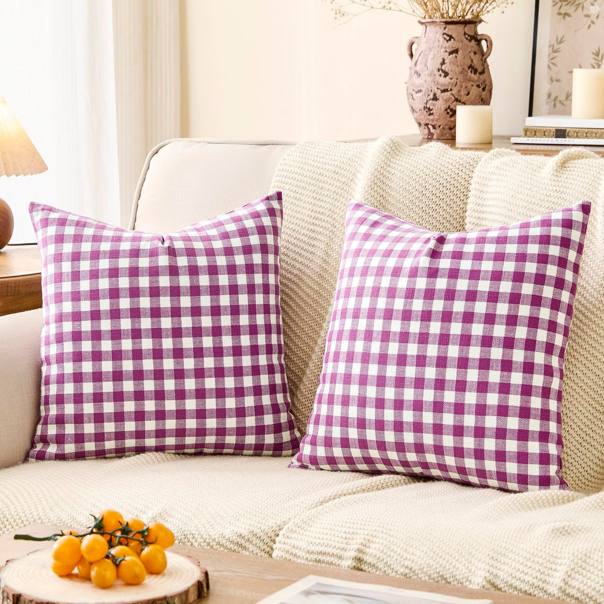Throw Pillow Covers 18x18 Set of 2, Outdoor Buffalo Plaid Decorative 18 x 18 Couch Pillows, Farmhouse Lavender Checkered Throw Pillow Covers