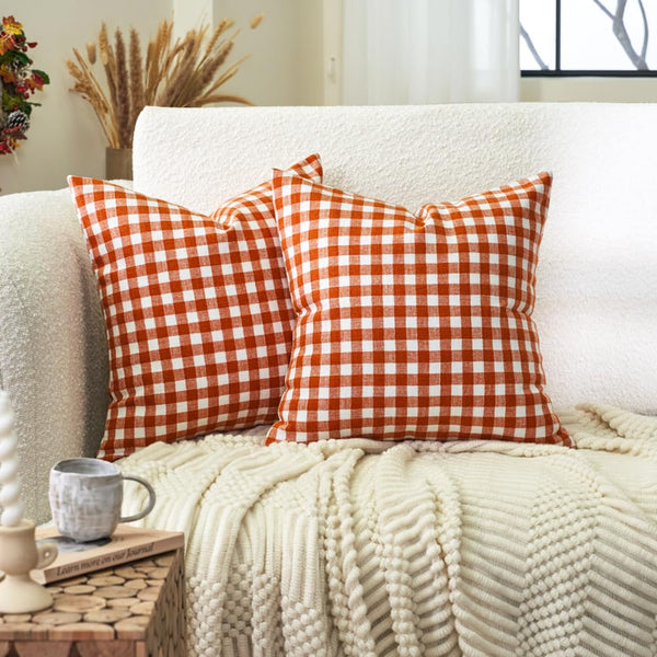 Gingham Checkered Orange Plaid Fall Pillow Covers, Autumn Decor Farmhouse Checkered Decorative