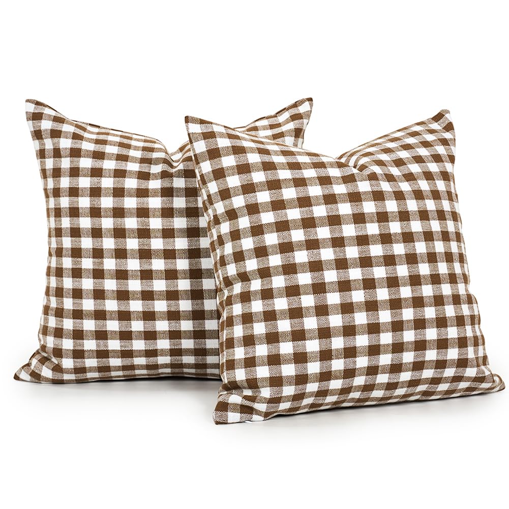 Farmhouse Brown and White Gingham Plaid Pillow Covers 18x18 Set of 2, Khaki Checkered Pillow Covers 18 x 18