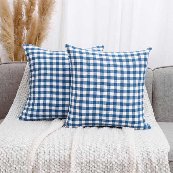 Farmhouse Plaid Light Blue Throw Pillow Covers 18x18 Set of 2