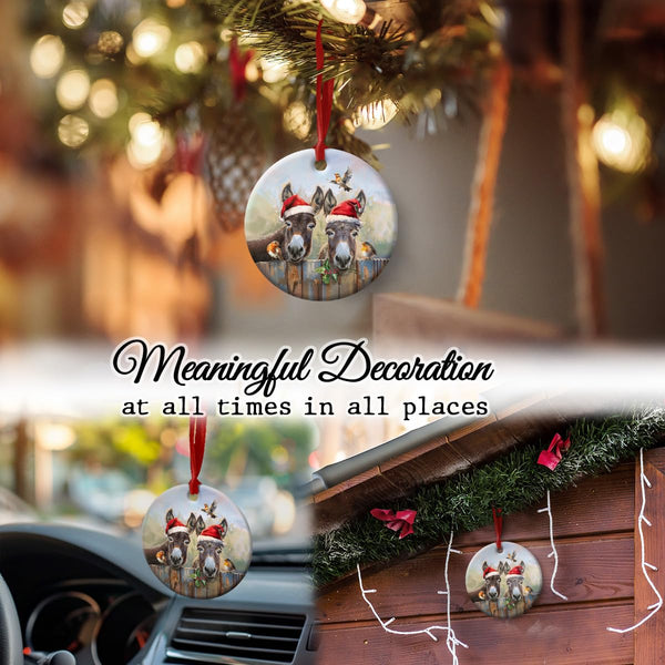 Donkey Christmas Ceramic Ornaments - Holly Peeking Donkeys Farm Animals Ornament for Xmas Tree Decor - Funny Farmhouse Gift for Boys, Girls