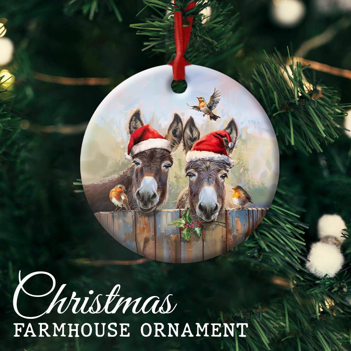 Donkey Christmas Ceramic Ornaments - Holly Peeking Donkeys Farm Animals Ornament for Xmas Tree Decor - Funny Farmhouse Gift for Boys, Girls