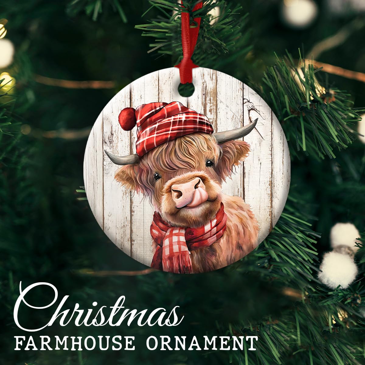 Highland Cow Christmas Ceramic Ornaments - Gifts for Cow Lover - Cute Highland Cow Decor