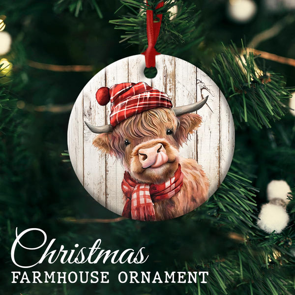 Highland Cow Christmas Ceramic Ornaments - Gifts for Cow Lover - Cute Highland Cow Decor