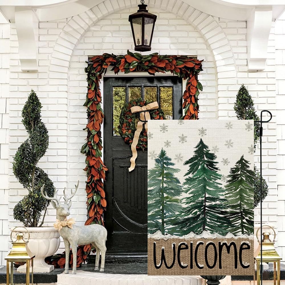 Christmas Winter Garden Flag 12x18 Inch 1 Sided for Outside Snowflakes Pine Trees Welcome