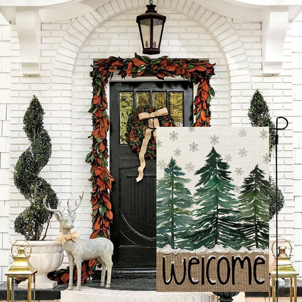 Christmas Winter Garden Flag 12x18 Inch 1 Sided for Outside Snowflakes Pine Trees Welcome