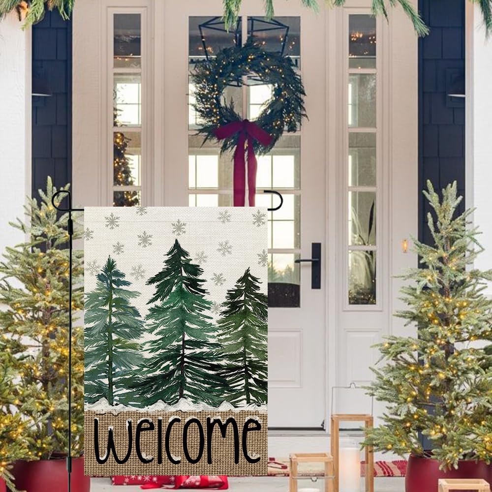 Christmas Winter Garden Flag 12x18 Inch 1 Sided for Outside Snowflakes Pine Trees Welcome