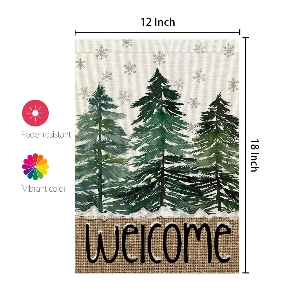 Christmas Winter Garden Flag 12x18 Inch 1 Sided for Outside Snowflakes Pine Trees Welcome