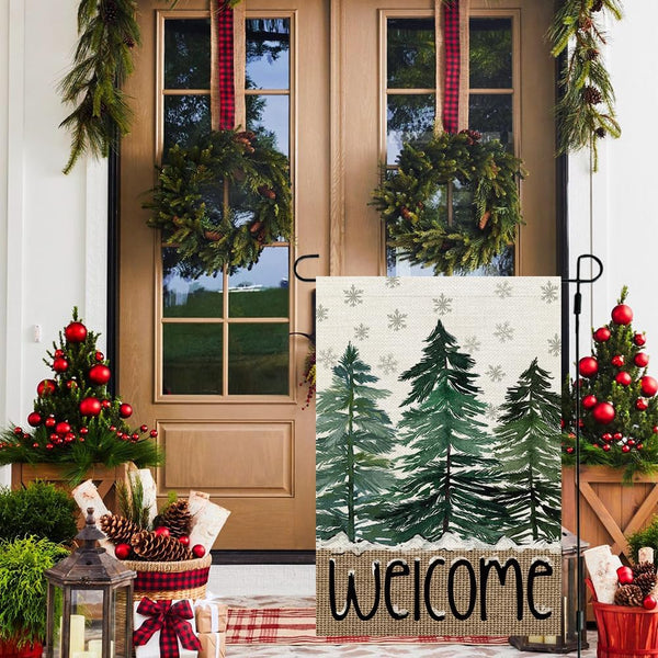 Christmas Winter Garden Flag 12x18 Inch 1 Sided for Outside Snowflakes Pine Trees Welcome