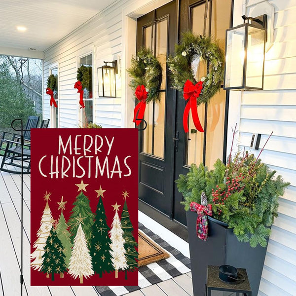 Merry Christmas Trees Garden Flag 12x18 Inch 1-Sided Small Burlap Holiday Red Yard Decoration