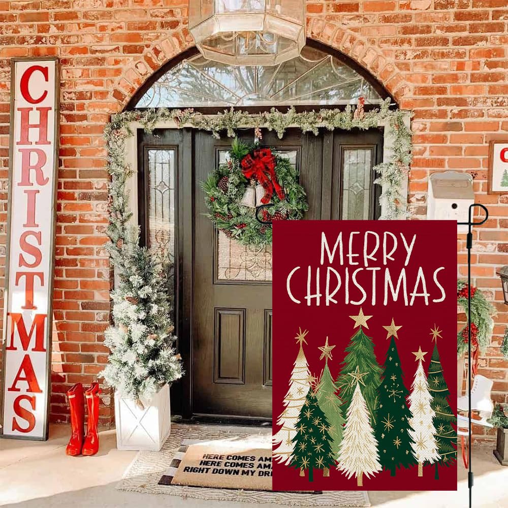 Merry Christmas Trees Garden Flag 12x18 Inch 1-Sided Small Burlap Holiday Red Yard Decoration