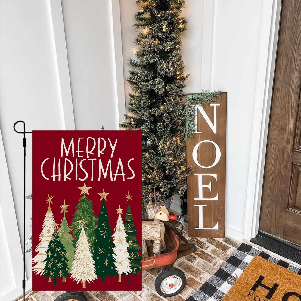 Merry Christmas Trees Garden Flag 12x18 Inch 1-Sided Small Burlap Holiday Red Yard Decoration