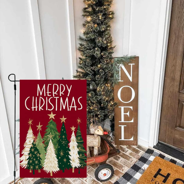 Merry Christmas Trees Garden Flag 12x18 Inch 1-Sided Small Burlap Holiday Red Yard Decoration
