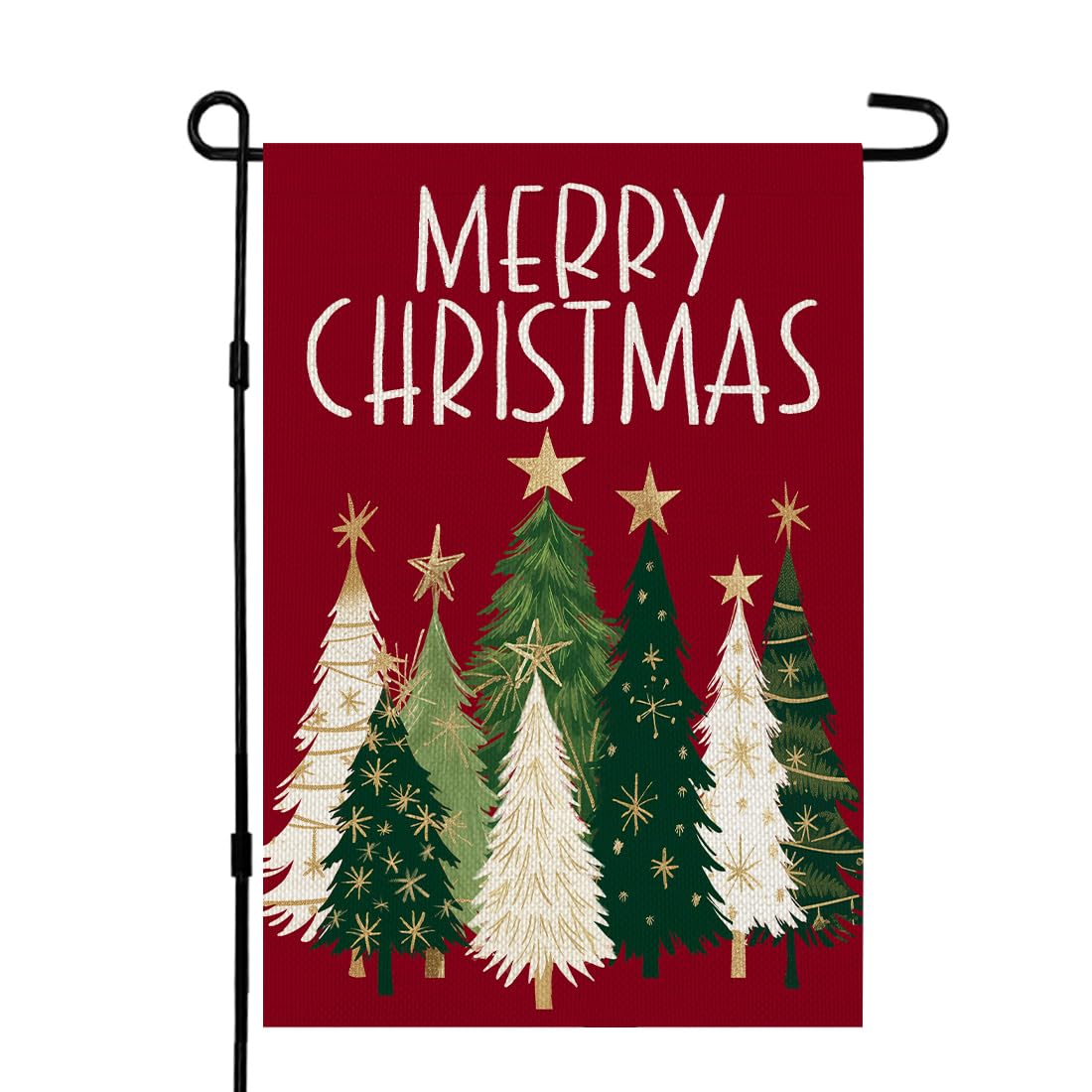 Merry Christmas Trees Garden Flag 12x18 Inch 1-Sided Small Burlap Holiday Red Yard Decoration