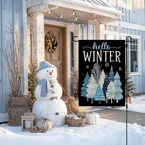 Hello Winter Garden Flag Trees 12x18 Inch 1-Sided Blue Decoration for Outside Yard