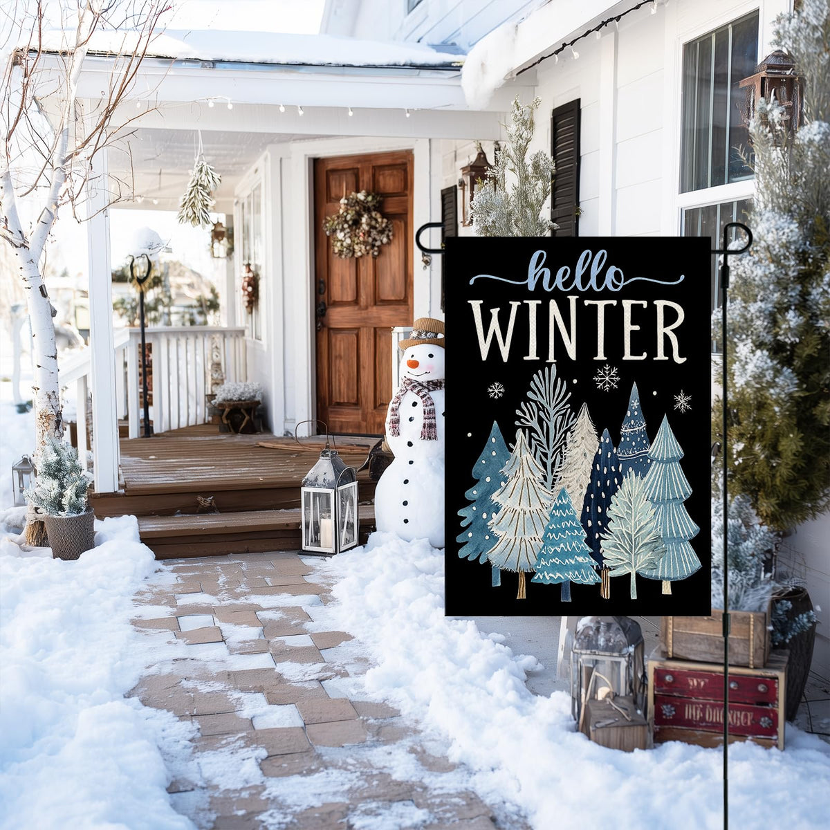 Hello Winter Garden Flag Trees 12x18 Inch 1-Sided Blue Decoration for Outside Yard
