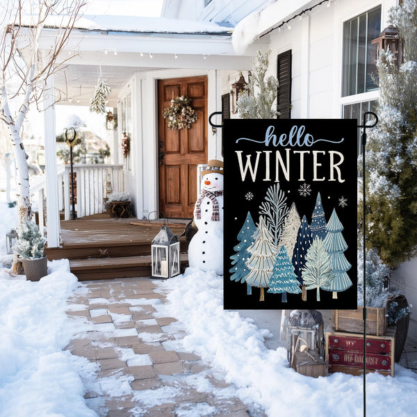 Hello Winter Garden Flag Trees 12x18 Inch 1-Sided Blue Decoration for Outside Yard