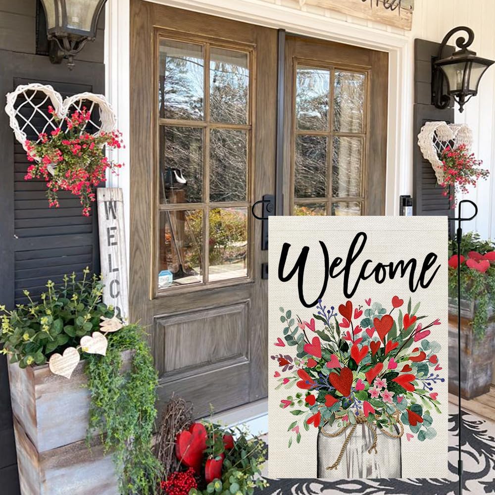 Valentines Day Floral Mason Jar Garden Flag 12x18 Inch 1-Sided for Outside Welcome Burlap