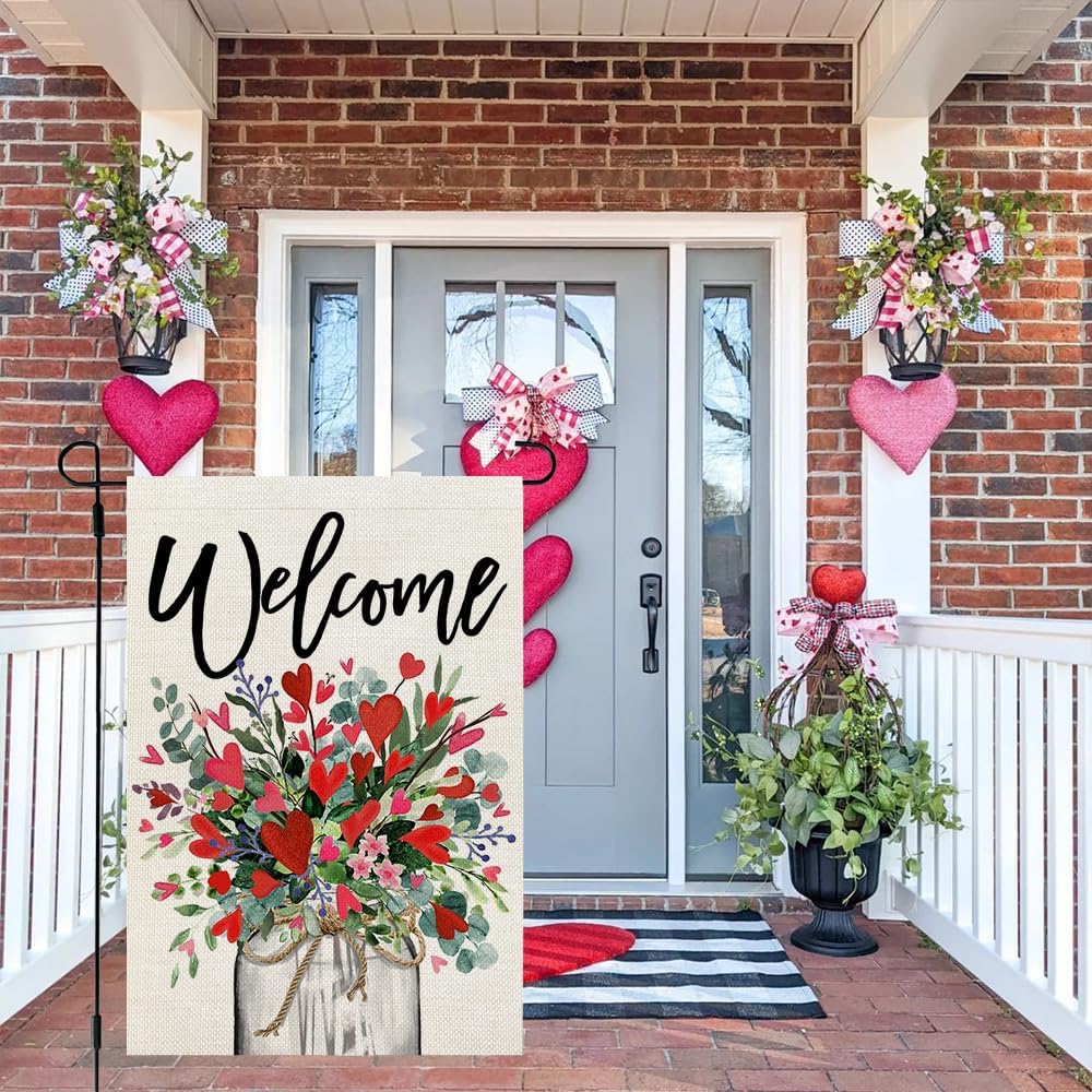 Valentines Day Floral Mason Jar Garden Flag 12x18 Inch 1-Sided for Outside Welcome Burlap