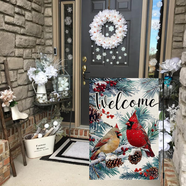 Winter Cardinal Garden Flag 12x18 Inch 1 Sided for Outside Small Welcome Burlap Holiday