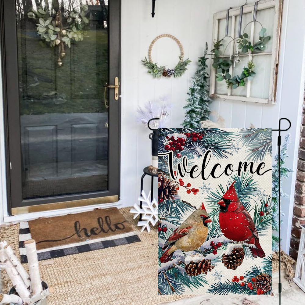 Winter Cardinal Garden Flag 12x18 Inch 1 Sided for Outside Small Welcome Burlap Holiday